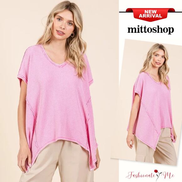 Mittoshop Mineral Wash Waffle Knit V-Neck Pointed Hem Oversized Top | Pink - Picture 1 of 6